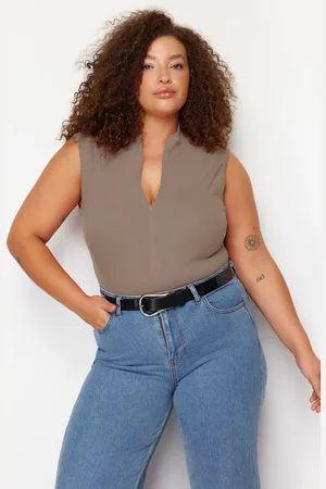 Trendyol Curve Beige Zippered 100% Cotton Ribbed Camisole Knitted Plus Size Blouse