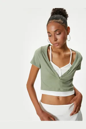 Koton Crop T-Shirt V-Neck Camisole Buttoned Short Sleeve