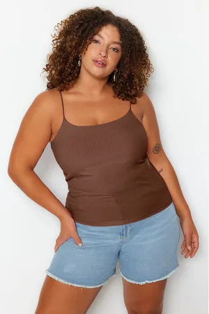 Trendyol Curve Brown Spaghetti Strappy Crop Ribbed Knit Plus Size Blouse