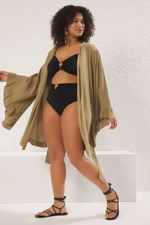 Trendyol Curve Khaki Frilled Sleeve Flounce Viscose Beach Wear Woven Plus Size Kimono&Caftan