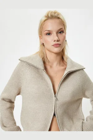 Koton Knitted Cardigan Double-Sided Zipper Stand Collar Camisole Ribbed