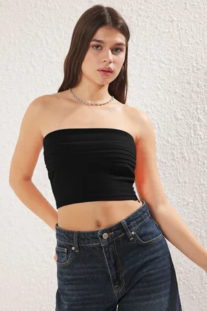 Trendyol Black Gathered/Draped Detail Fitted Crop Knit Bustier