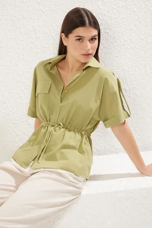 Trendyol Khaki Front Tie Detail Pocket Short Sleeve Woven Shirt