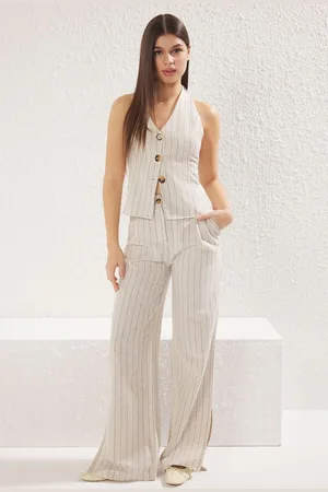 Trendyol Beige Linen Blend Striped Back Open Vest & Wide Leg Trousers Woven Bottom-Top Set