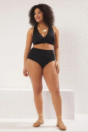 Trendyol Curve Black Waist Gather Detail High Waist Plus Size Bikini Bottom