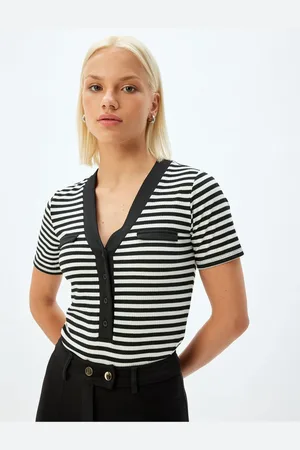 Koton V Neck T-Shirt Buttoned Short Sleeve Color Contrast Slim Fit