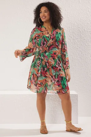 Trendyol Curve Multicolor Chiffon Double Breasted Closure Mini Beach Wear Plus Size Dress