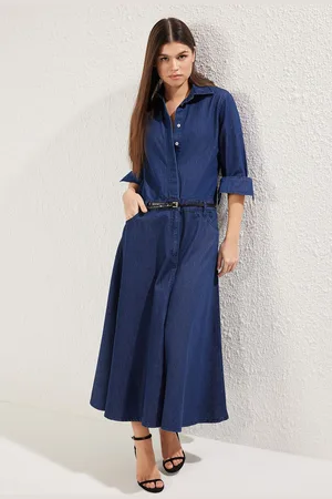 Trendyol Dark Blue Flounce Skirt Maxi Denim Shirt Dress