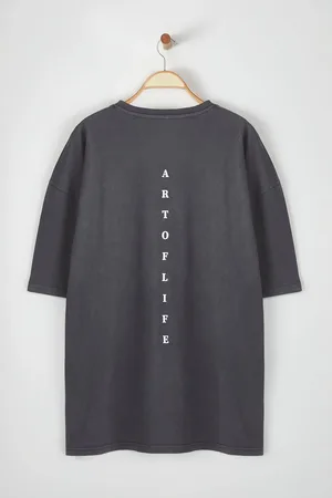 Trendyol Large Size Anthracite Oversize/Wide Cut Faded Effect Printed 100% Cotton T-Shirt
