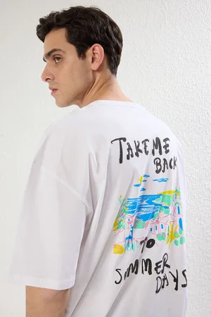 Trendyol White 0versize/Wide Cut Text Printed 100% Cotton T-Shirt