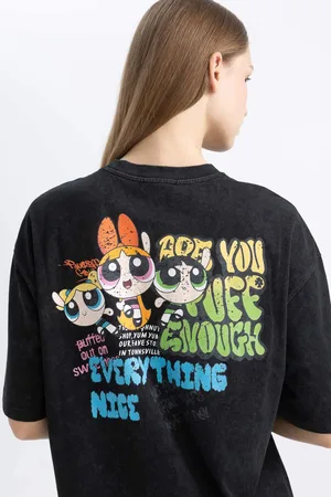 DeFacto Oversize Fit Crew Neck Printed PowerPuff Girls Licensed Mini Short Sleeve Knitted Dress