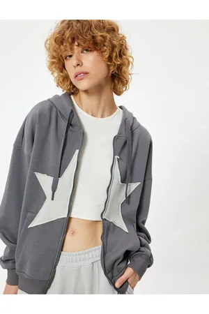 Koton Oversize Zippered Sweatshirt with Star Embroidery Kangaroo Pocket