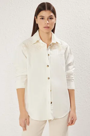 Trendyol Ecru Embroidered Oversize Denim Shirt