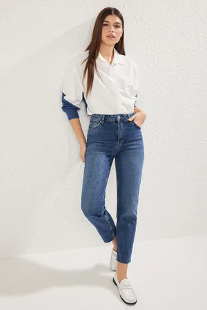 Trendyol Dark Blue Trousers Cutout Normal Waist Comfort Mom Jeans
