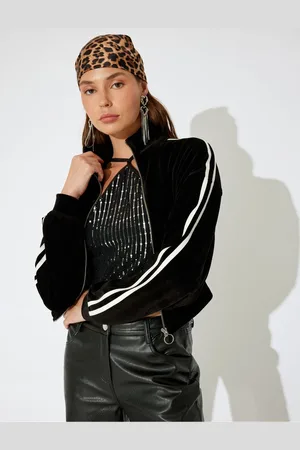 Koton X Inji - Velvet Zippered Stripe Detailed Stand Collar Asymmetric Crop Sweatshirt