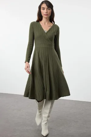 Trendyol Black Skater/Waist Drop Double Breasted Ribbed Stretch Midi Knit Dress
