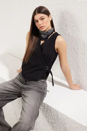 Trendyol Black Double Breasted V Neck Loose Fit Denim Vest