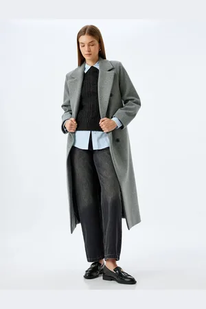 Koton Double Breasted Long Cashmere Coat with Pockets and Buttons