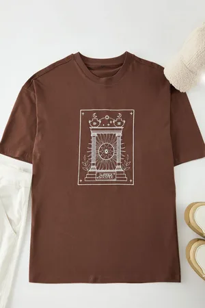 Trendyol Dark Brown Oversize/Wide Cut Embroidered 100% Cotton T-Shirt