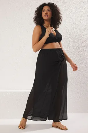 Trendyol Curve Black Accessory Detail Transparent Beachwear Plus Size Trousers