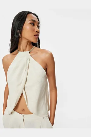 Koton Halter Neck Blouse Asymmetrical Cut Window Detailed Linen Blend