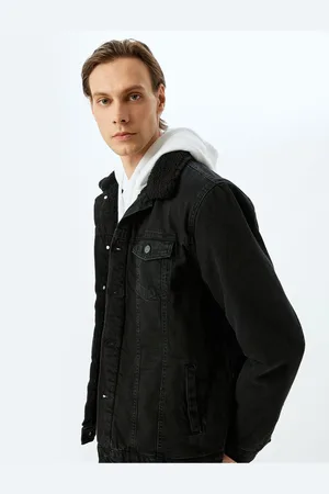 Koton Cotton Flap Pocket Plush Collar Detailed Denim Jacket