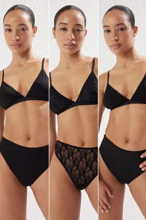 Trendyol Black 3-Pack Lace, Cotton and Micro Fabric Thong Knitted Panties