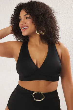 Trendyol Curve Black Double Breasted Plus Size Bikini Top