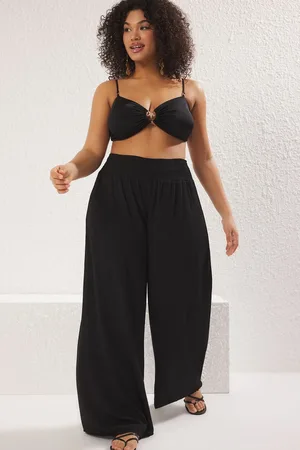 Trendyol Curve Black Wide Leg High Waist Beach Wear Plus Size Trousers