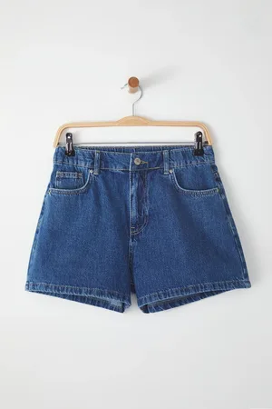 Trendyol Blue Elastic Waist High Waist Mini Denim Shorts