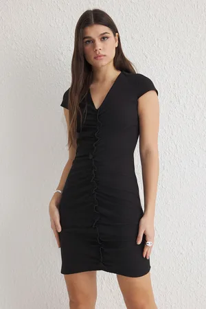 Trendyol Black Body-hugging Ruffle Detailed Mini Woven Dress