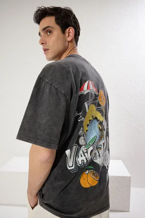 Trendyol Anthracite Oversize/Wide Cut Faded Effect Printed Thick 100% Cotton T-Shirt
