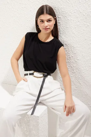 Trendyol Black Padded Gathered/Drape Detail Zero Sleeve Waist Fitted Flowy Knitted Blouse