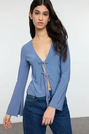 Trendyol Indigo Body-fitting Regular/Normal Pattern with Binding Detail Stretchy Knitted Blouse