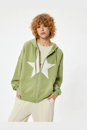 Koton Oversize Zippered Sweatshirt Hooded Star Embroidered Pocket Detailed Ribbon