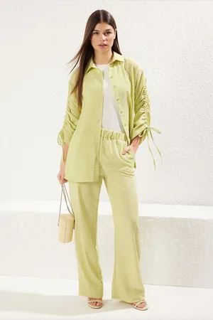 Trendyol Oil Green Linen Look with Gathered Detail Woven Bottom-Top Set