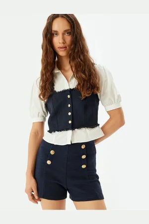 Koton Short Balloon Sleeve Crop Shirt with Tweed Detail