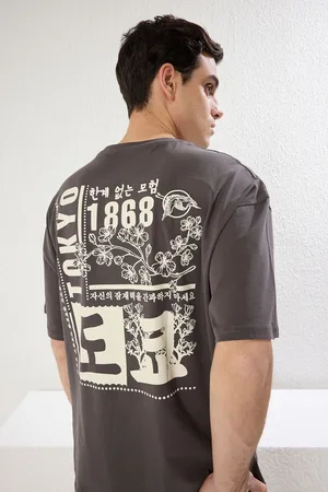 Trendyol Anthracite Oversize/Wide Cut Headlight East Printed 100% Cotton T-Shirt