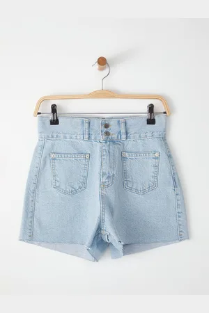 Trendyol Light Blue Pocket Detailed Double Buttoned Cut-Out High Waist Mini Denim Shorts