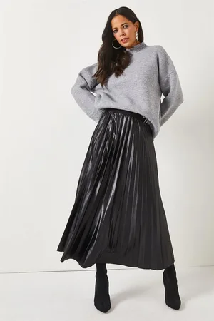 Olalook A-Line Black Leather Look Pleated Skirt