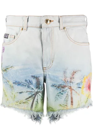 VERSACE Palm-print denim shorts