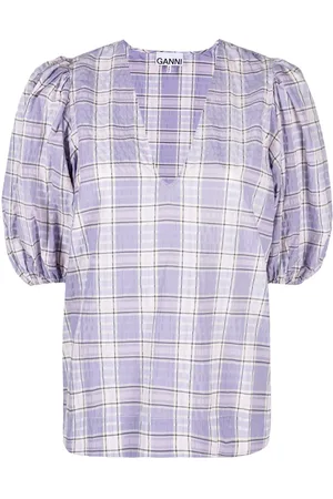 Ganni Check-patterned puff sleeve blouse