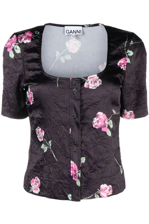Ganni Floral-print crinkled satin blouse