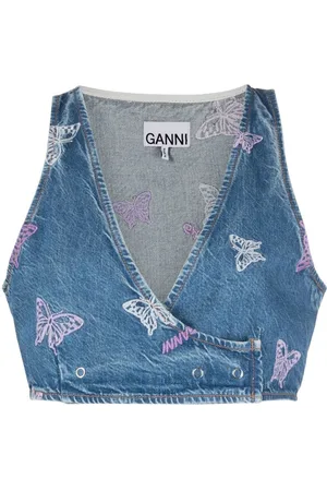 Ganni Embroidered denim crop top