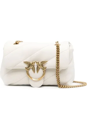 Pinko Ivory calf leather signature Love Birds buckle antique-effect hardware quilted chain-link shoulder strap foldover top with magnetic fas...