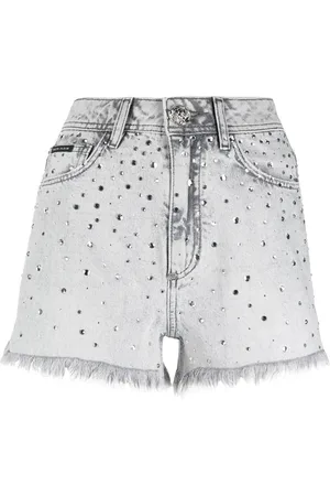 Philipp Plein Frayed crystal-embellished denim shorts