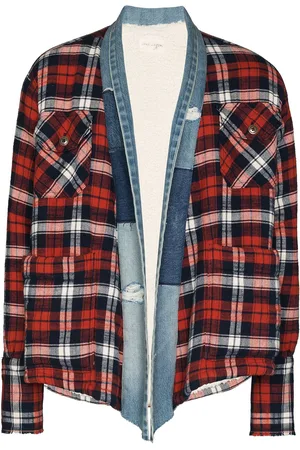 GREG LAUREN Plaid flannel and denim cardigan