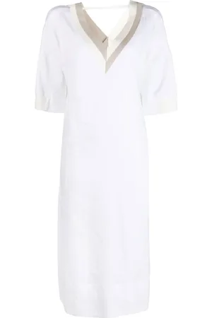 LORENA ANTONIAZZI V-neck linen-blend midi dress