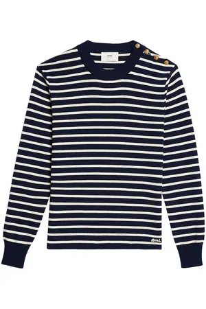 Ami Striped button-shoulder merino jumper