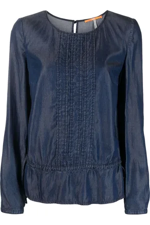 HUGO BOSS Denim ruffle-hem long-sleeve top